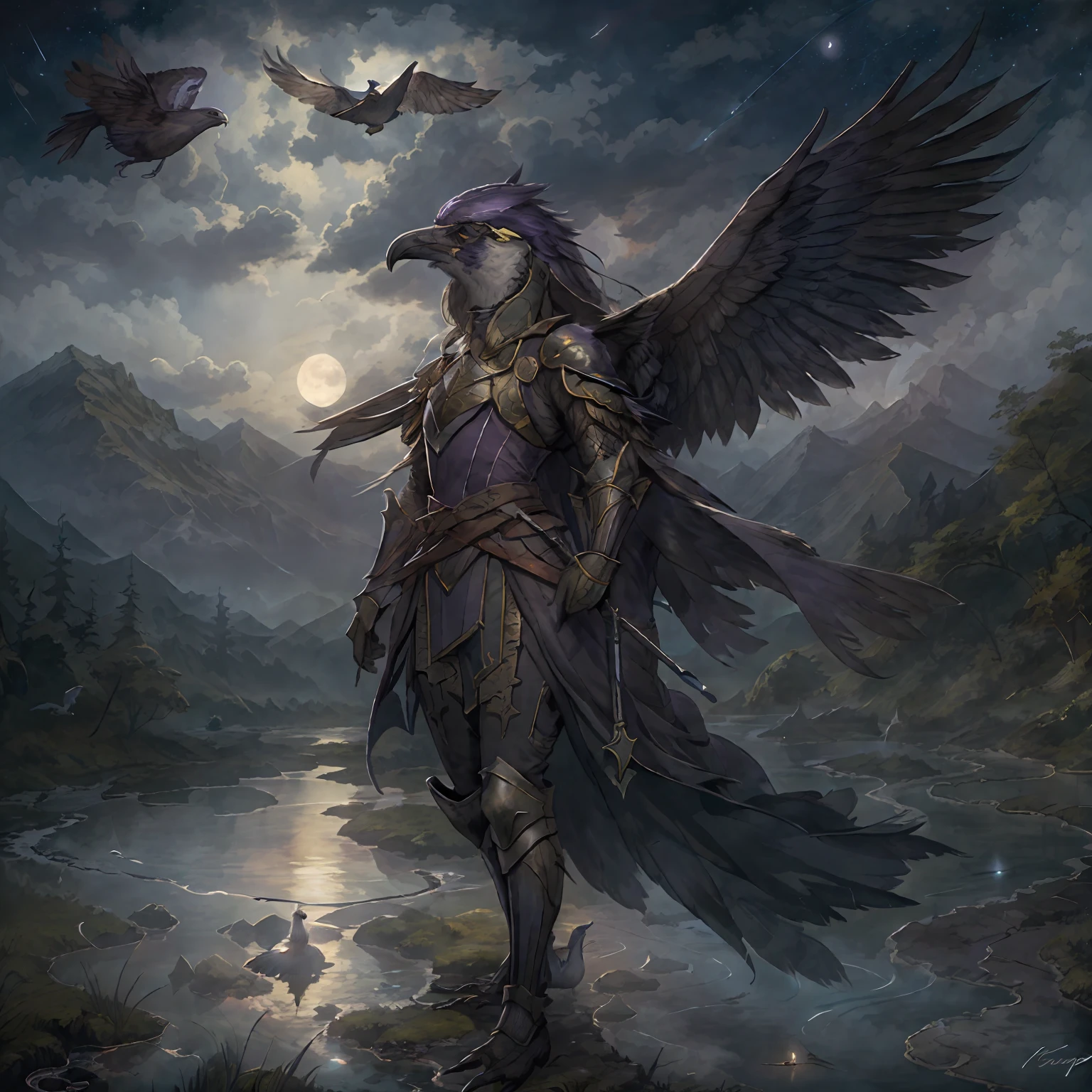 шедевр, Лучшее качество, (Один), птица, painting of Aven a Dark Purple птица woman wearing armor, средневековая обстановка, в потоке, детальное ночное небо, Красивая луна, слои темных облаков, летающий, летающий over mountains, посадочные крылья