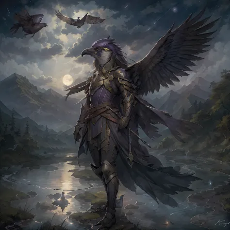 masterpiece, best quality, (solo), bird, painting of Aven a Dark Purple bird woman wearing armor, medieval setting, in a stream, detailed night sky, beautiful moon, layers of dark clouds, flying, flying over mountains, landing wings