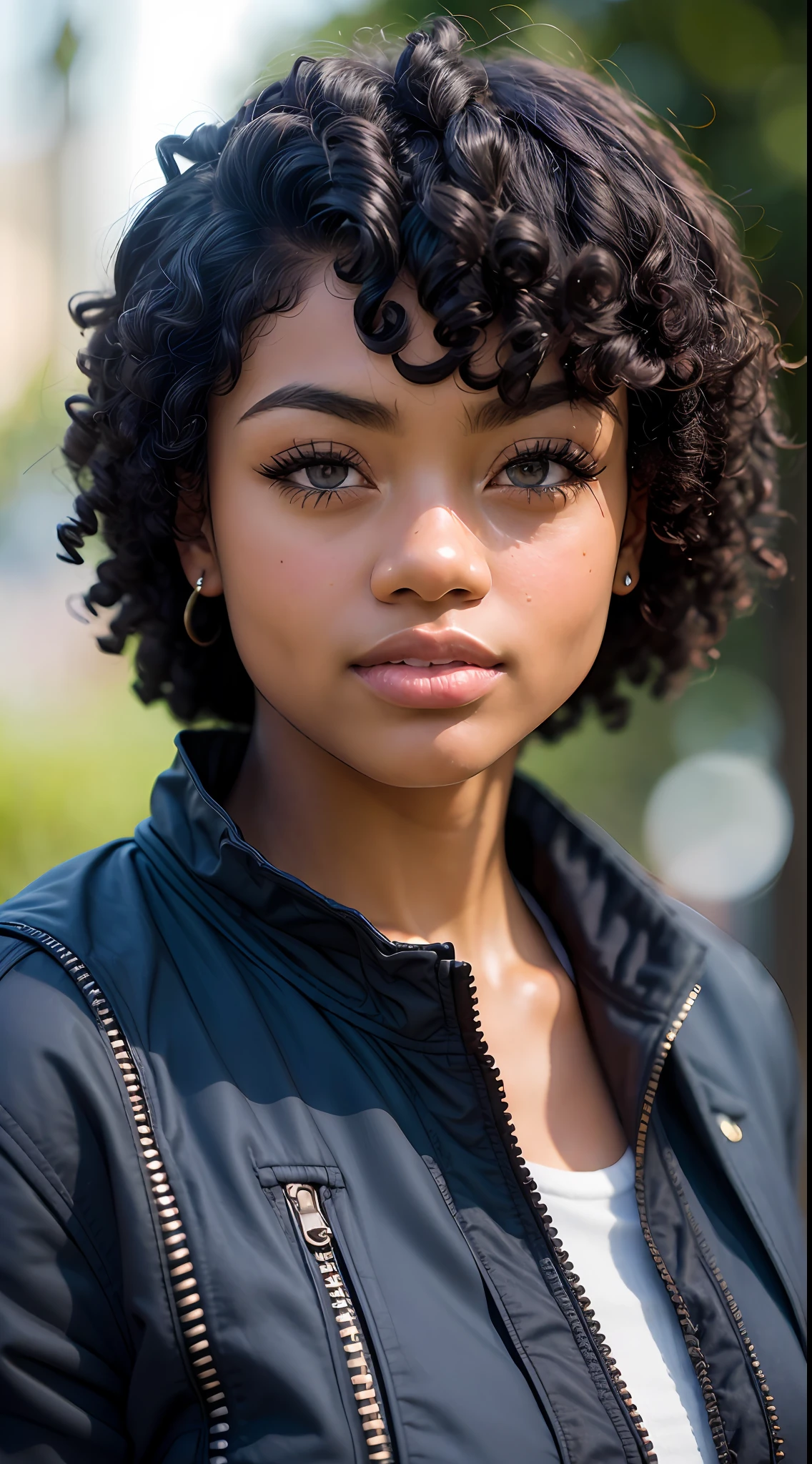 African American woman, ((best quality)), ((masterpiece)), (ultra-detailed), high quality, blue-black jacket, intricate detail, natural lighting, outdoor, warm colors, (bokeh), (sharp focus on eyes), (highly detailed face, skin texture),