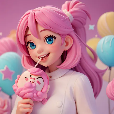 cute illustration of a smiling girl, with rosy cheeks, holding a large colored cotton candy. her eyes sparkle with joy as she ta...