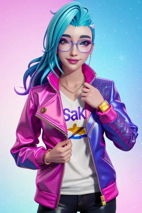 xyzseraphine, 1girl, 3d render, multi-colored hair, trendy clothing, sparkles, sprinkles, jacket, eyewear