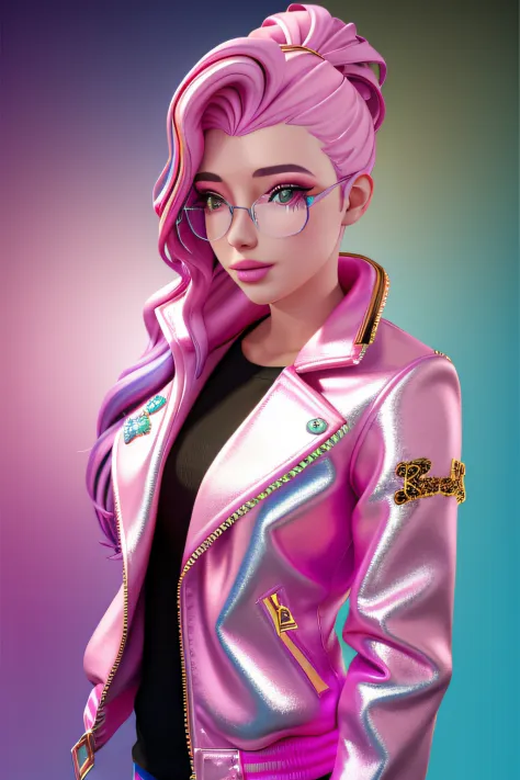 xyzseraphine, 1girl, 3d render, multi-colored hair, trendy clothing, sparkles, sprinkles, jacket, eyewear