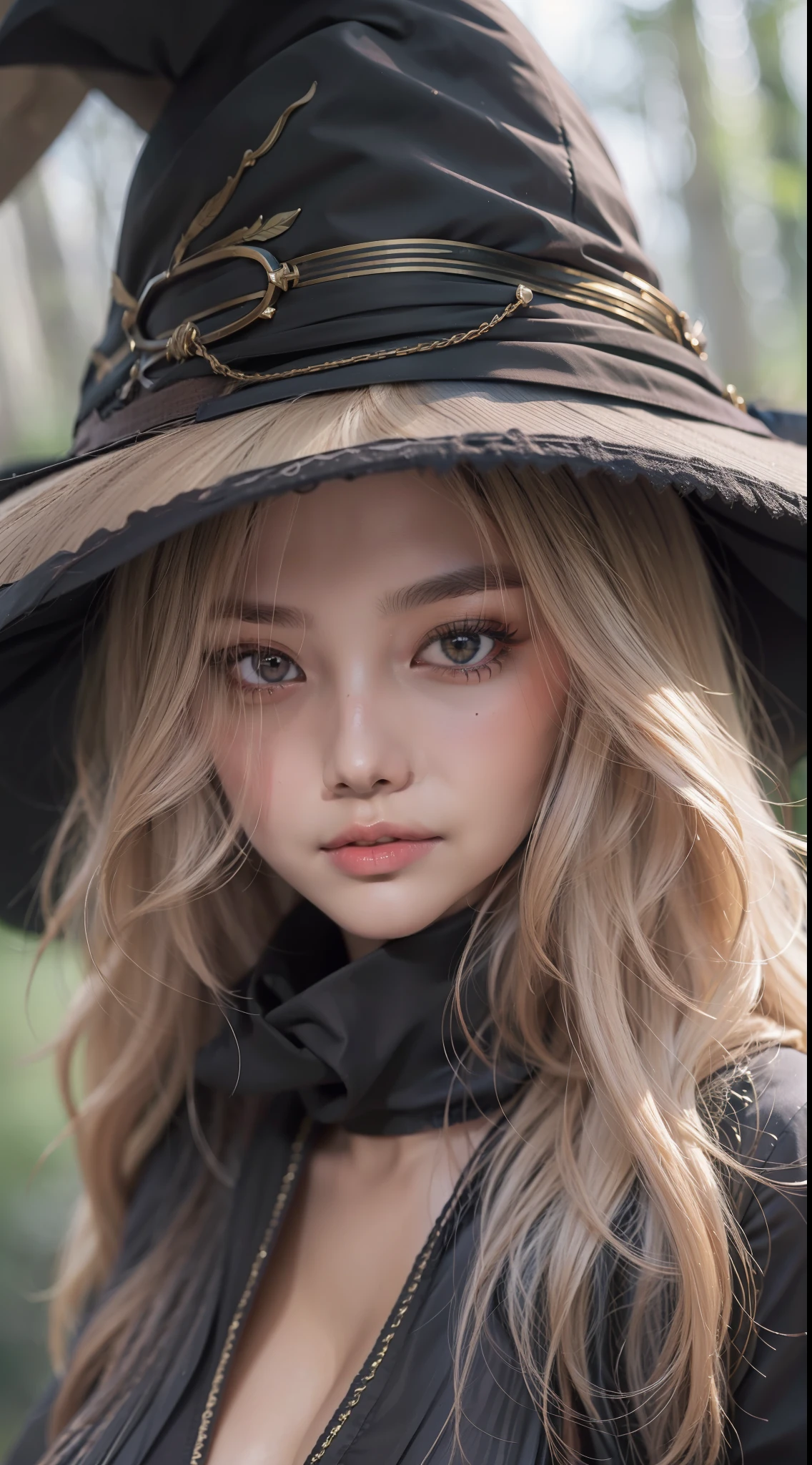 sexy witch, ((wear Witch Hat)), ((Asian girl)), ((Best quality, 8k, Masterpiece :1.3)), pretty woman, 1girl, (firm abs, slender figure :1.1), lustful, ultra-detailed face, detailed lips, detailed eyes, double eyelid, ((Top Quality, 16k, Masterpiece: 1.3)),  ((exposed Half Breast)), ((Gigantic Breast)), ((exposed cleavage)), ((portrait image)), ((Forest Background Blurry))