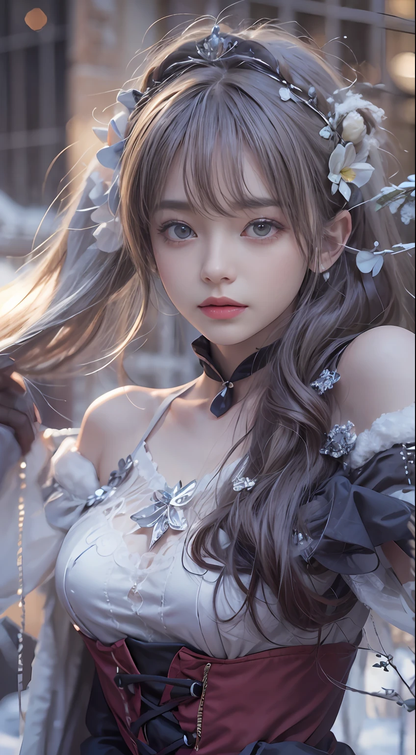 （8K， RAW photos， best qualtiy， tmasterpiece：1.2），（realisticlying， photograph realistic：1.4)，Hide your face with sadness，
Lolita costume，Lace， Aerith Gainsborough， The upper part of the body， undergarments，exposed bare shoulders， do lado de fora， (outside，Covered with snow，cloaks，) high high quality， Adobe Lightroom， highdetailskin， looking at viewert，