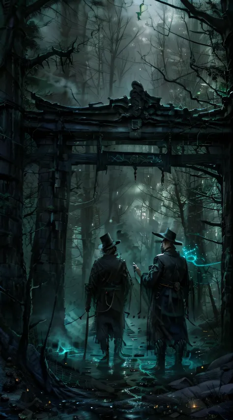 Sherlock Holmes ＆ John Watson, masutepiece, photographic quality, Ultra-precise, torii gate, Prohibited places for Japan, Dark f...