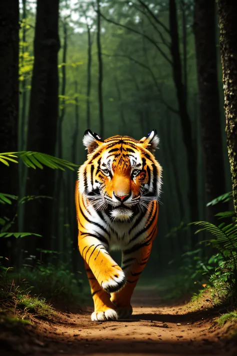 Close-up photo of a very cute jumping tiger in the forest，looking at the camera in，Soft volumetric light，（The light from the back window is backlighted：1.3），（cinematic ligh：1.2），Complicated details，（ArtStation：1.3），Rutkowski