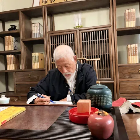 There was a man sitting at a table writing a book, inspired by Sesshū Tōyō, he is about 8 0 years old, riichi ueshiba, Chiba Yud...