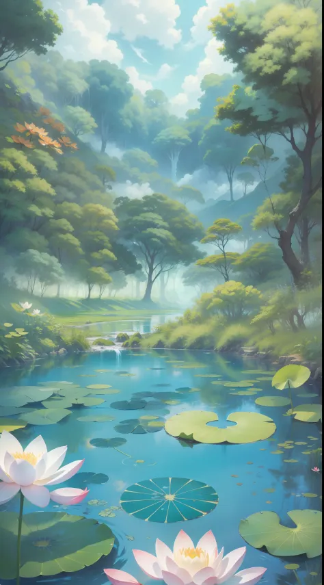 The foreground is a waterhole，There is a lotus leaf in the waterhole，A secret place in the primeval forest，with blue sky and white clouds，dragonfly，in style of ghibli，2-dimensional，illustration，Nature views，ventania，夏天，Bright tones，Tyndall Light