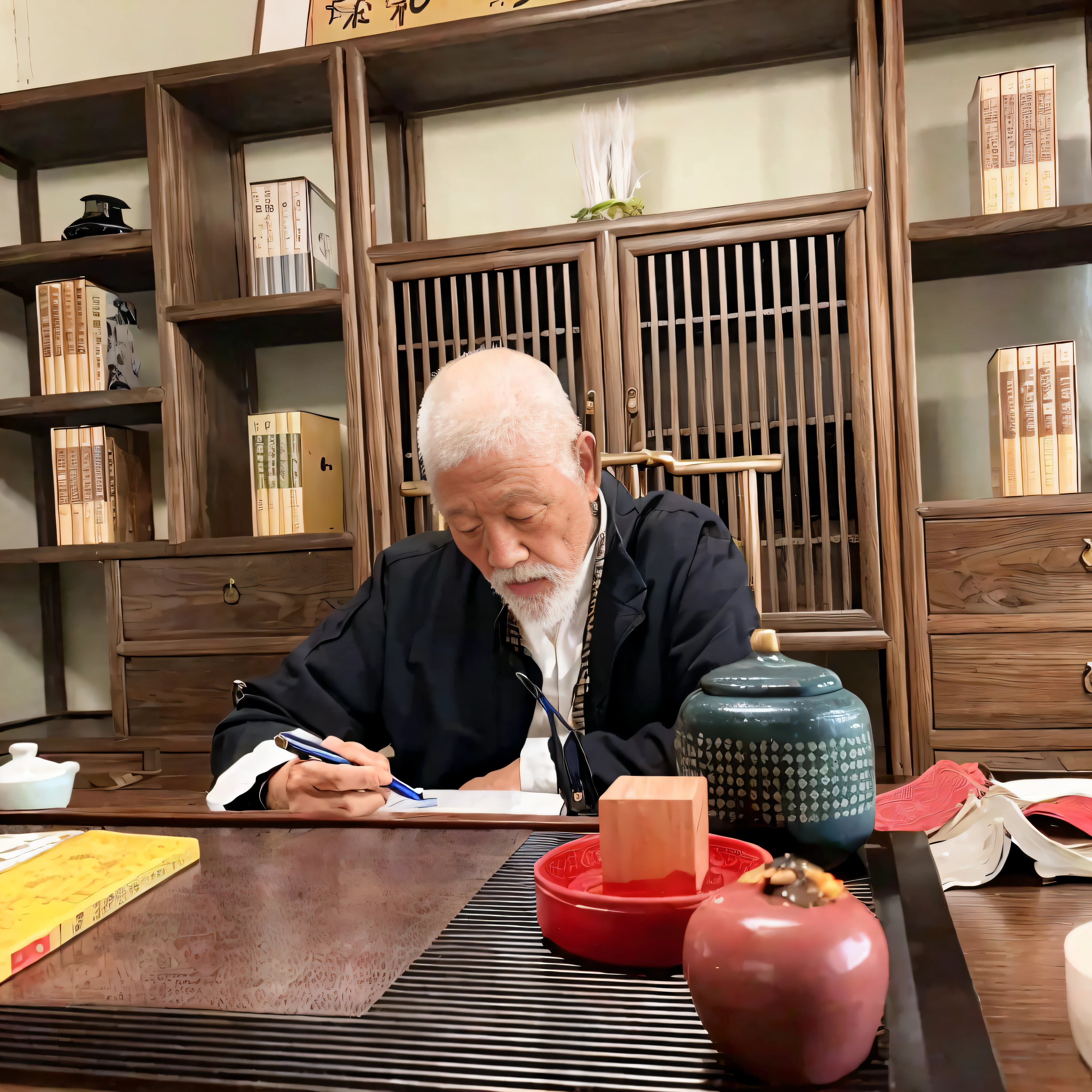 There was a man sitting at a table writing a book, inspired by Sesshū Tōyō, he is about 8 0 years old, riichi ueshiba, Chiba Yuda, inspired by Itō Jakuchū, inspired by Wu Daozi, inspired by Kanō Tanshin