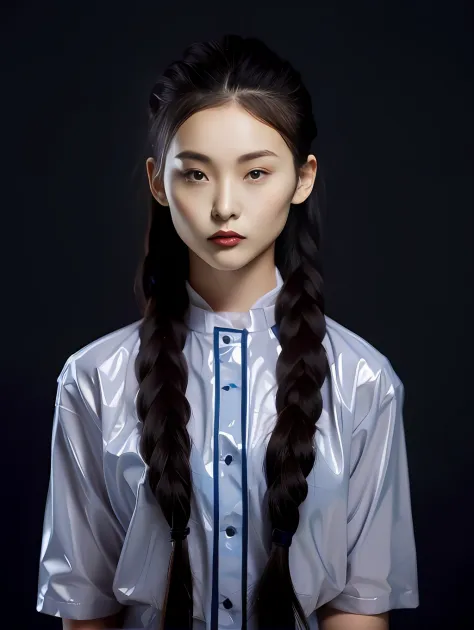 a female high school student，wearing pvc yellow school uniform