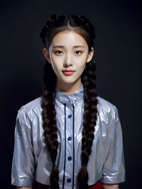 a female high school student，wearing pvc yellow school uniform