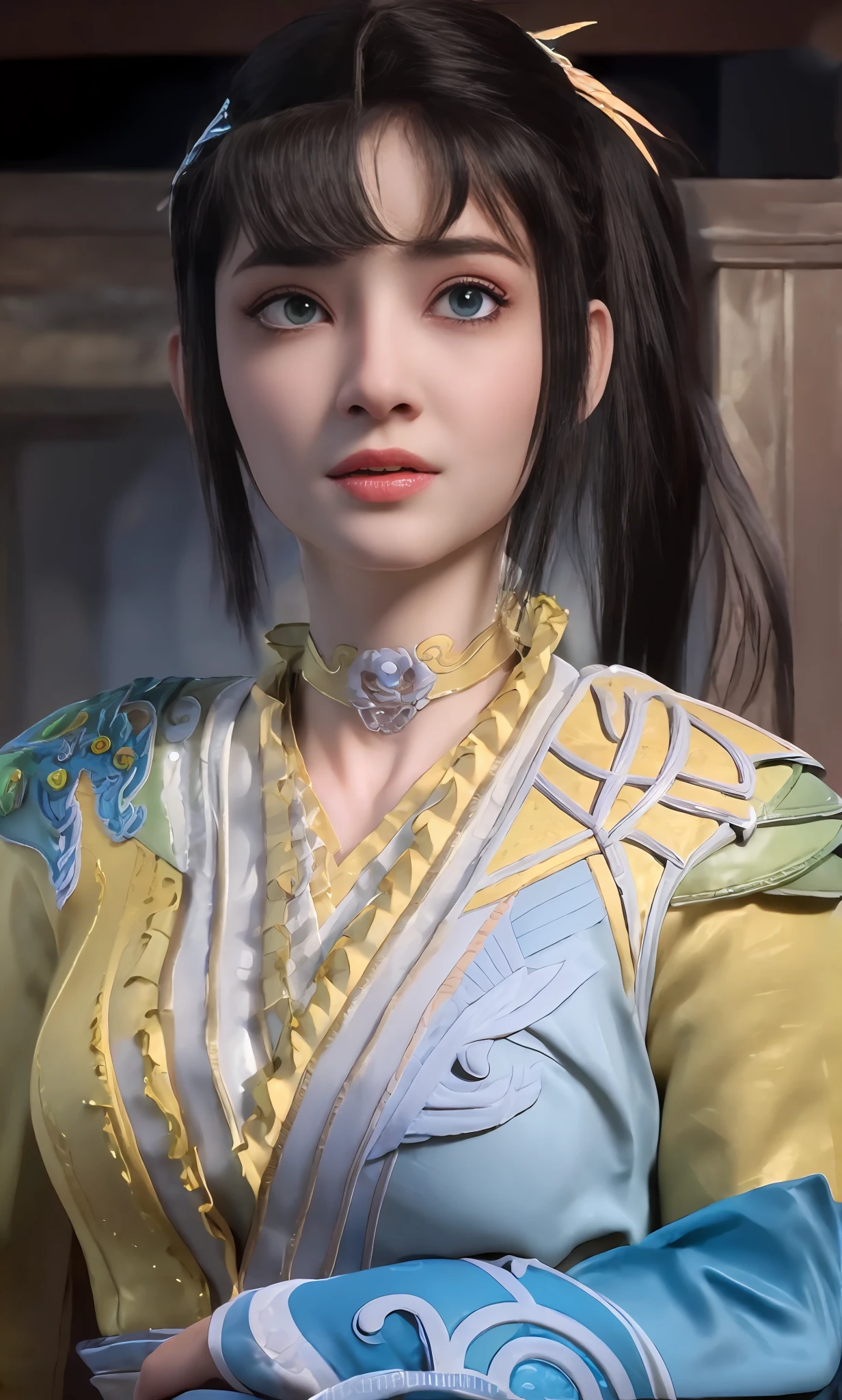 ((Best quality)), ((masterpiece)), official art, ultra detail, highres, ((beautiful detailed girl)), ((extremely detailed eyes and face)), (beautiful face: 1.2), 1girl, perfect body, thighhighs, 8K wallpaper, soft lightning, black hair, ultra detailed eye, blue eye, sikong qianlou, detailed face, big boobs, big breasts, ((very big breasts)), (big breasts), smiling at the viewer, smile, dept of field,