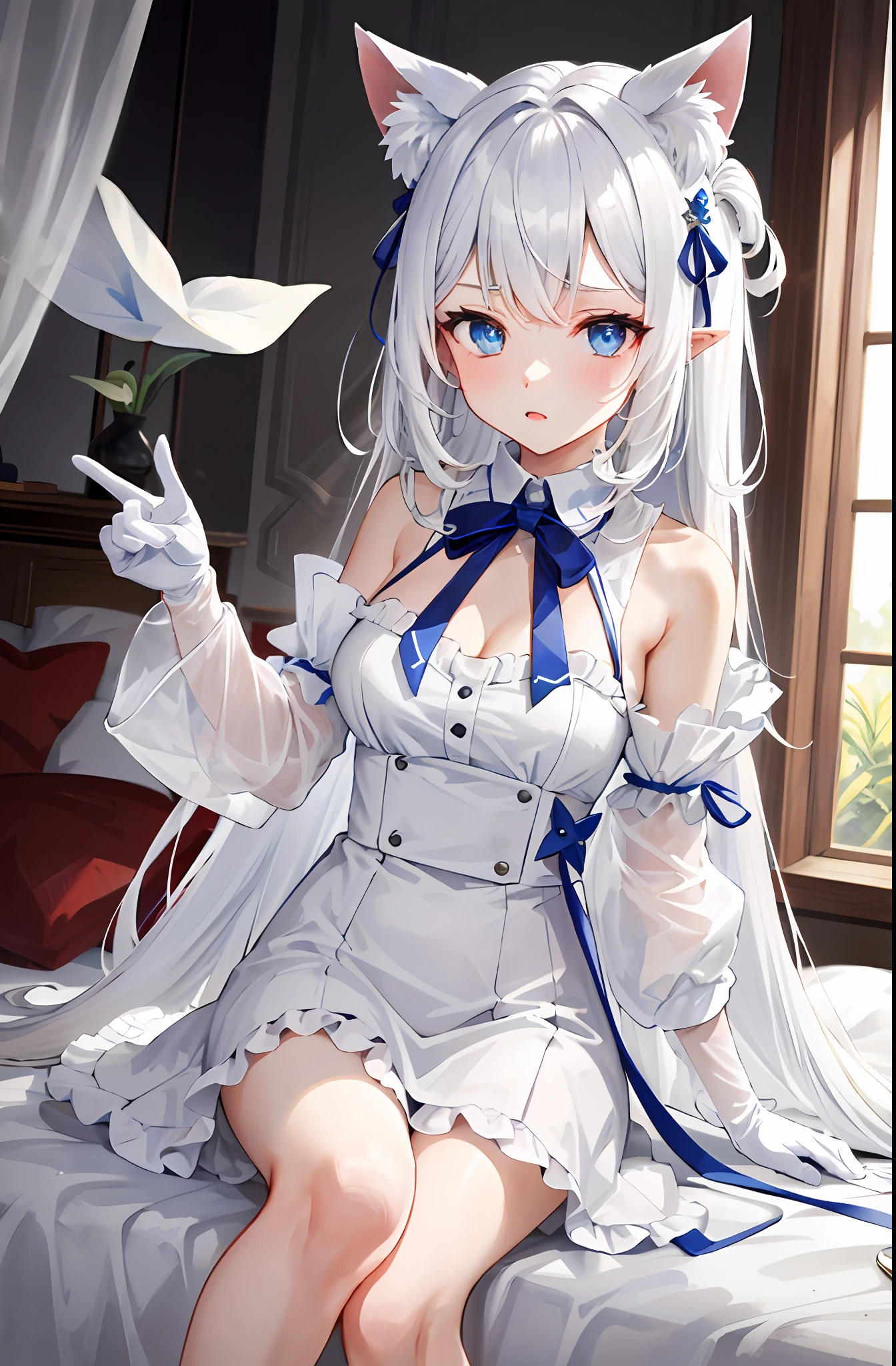 Lazy wind，wide blue eyes，White hair，Dull hair，Beast-eared maiden，White tones，sitted，1girll，Solo，adolable，white dresses，Big hazy eyes，Facial details are exquisite，Beth，onbed，Impeccable，Cute pose，Plush cat's paw gloves