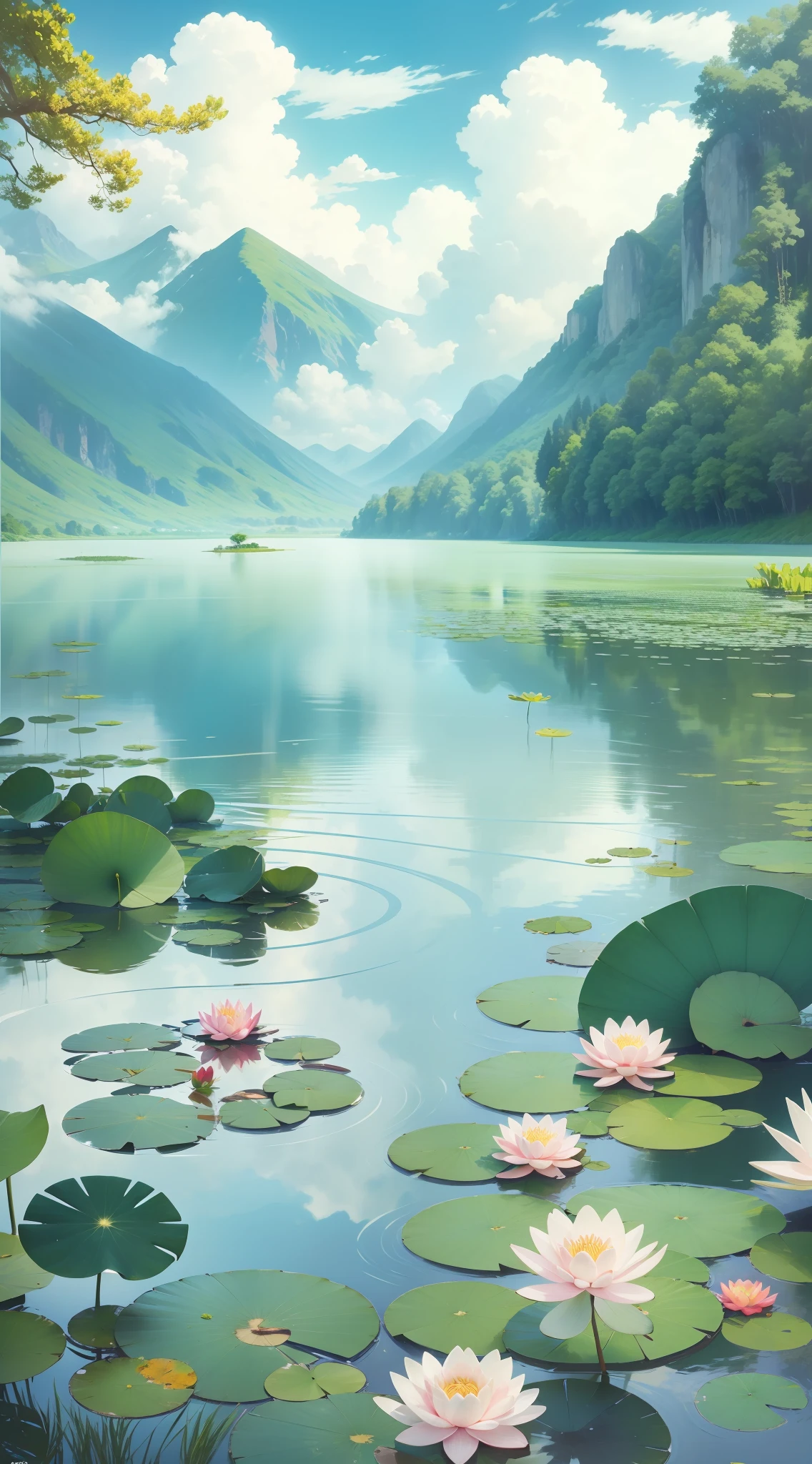 In the foreground is a lake, there is a water lily and lotus leaf in the lake, green mountains, blue sky and white clouds, jeepley style, two-dimensional, celluloid, illustrations, natural landscape, wind, summer, bright colors, sunlight