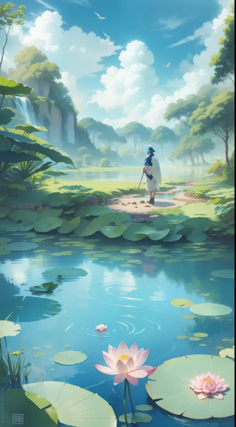 The foreground is a waterhole，There is a lotus leaf in the waterhole，Uncharted，with blue sky and white clouds，in style of ghibli，2-dimensional，illustration，Nature views，ventania，夏天，Bright tones，Tyndall Light