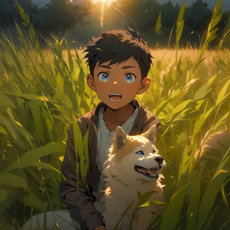 1boy，Rural fields，the setting sun，Crepuscular Rays，Shiba dog，blue color eyes，ricefield，volumettic light，Perspective composition，...