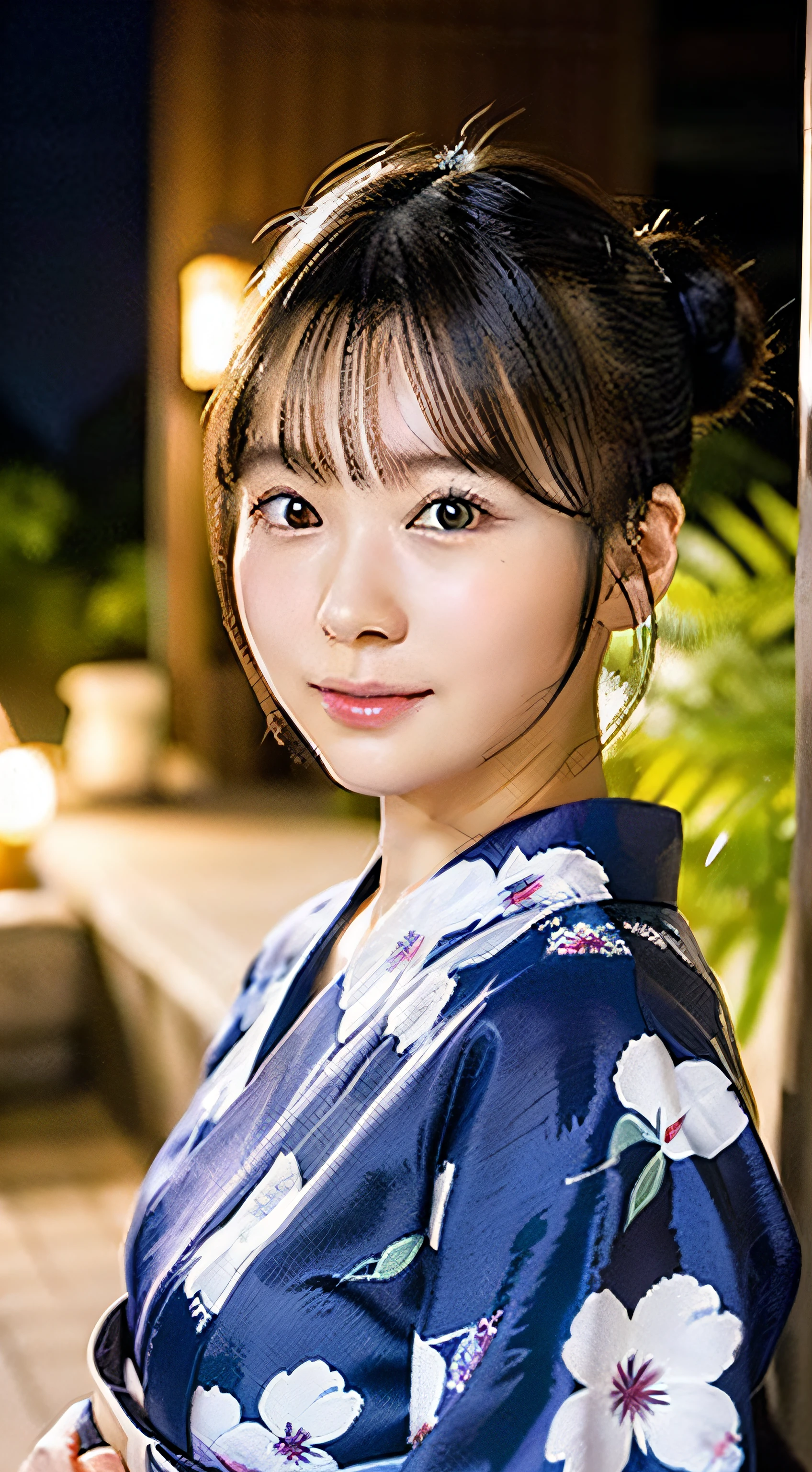 top-quality、finely detail、(((Beautiful One Girl)))、extremely detailed eye and face、Wistful expression、Cute yukata、Yukata with morning glory pattern、bathrobe、poneyTail、Big tear bag、Double eyelids、The precincts of the shrine at night、The background is a little dark,