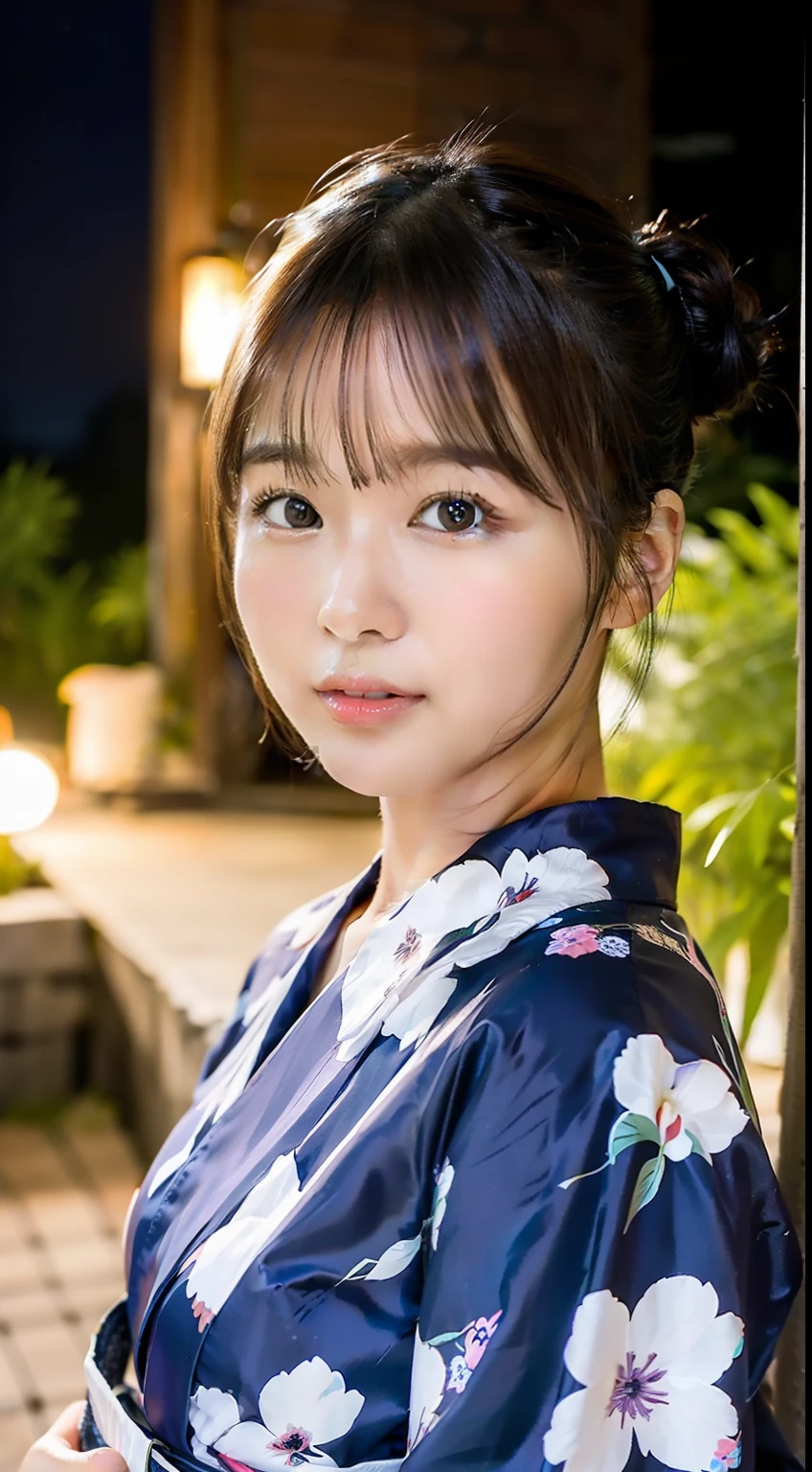 top-quality、finely detail、(((Beautiful One Girl)))、extremely detailed eye and face、Wistful expression、Cute yukata、Yukata with morning glory pattern、bathrobe、poneyTail、Big tear bag、Double eyelids、The precincts of the shrine at night、The background is a little dark,