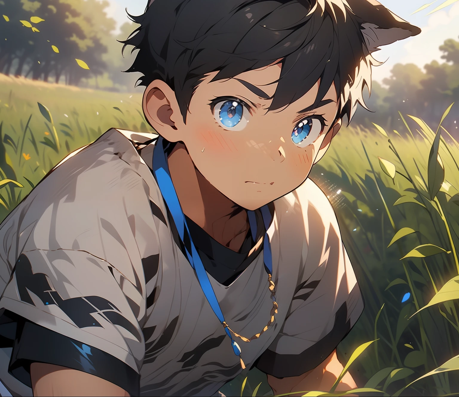 1boy，Rural fields，the setting sun，Crepuscular Rays，Shiba dog，blue color eyes，Blow the wheat，Lively and cute boy，8K,Cinematic lighting effects，Textured skin，best qualtiy，over the shoulder view，Storytelling images，Ambient lighting，dynamic blur，actionpose，tmasterpiece，A masterpice，