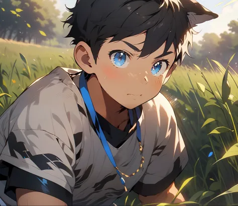 1boy，Rural fields，the setting sun，Crepuscular Rays，Shiba dog，blue color eyes，Blow the wheat，Lively and cute boy，8K,Cinematic lig...