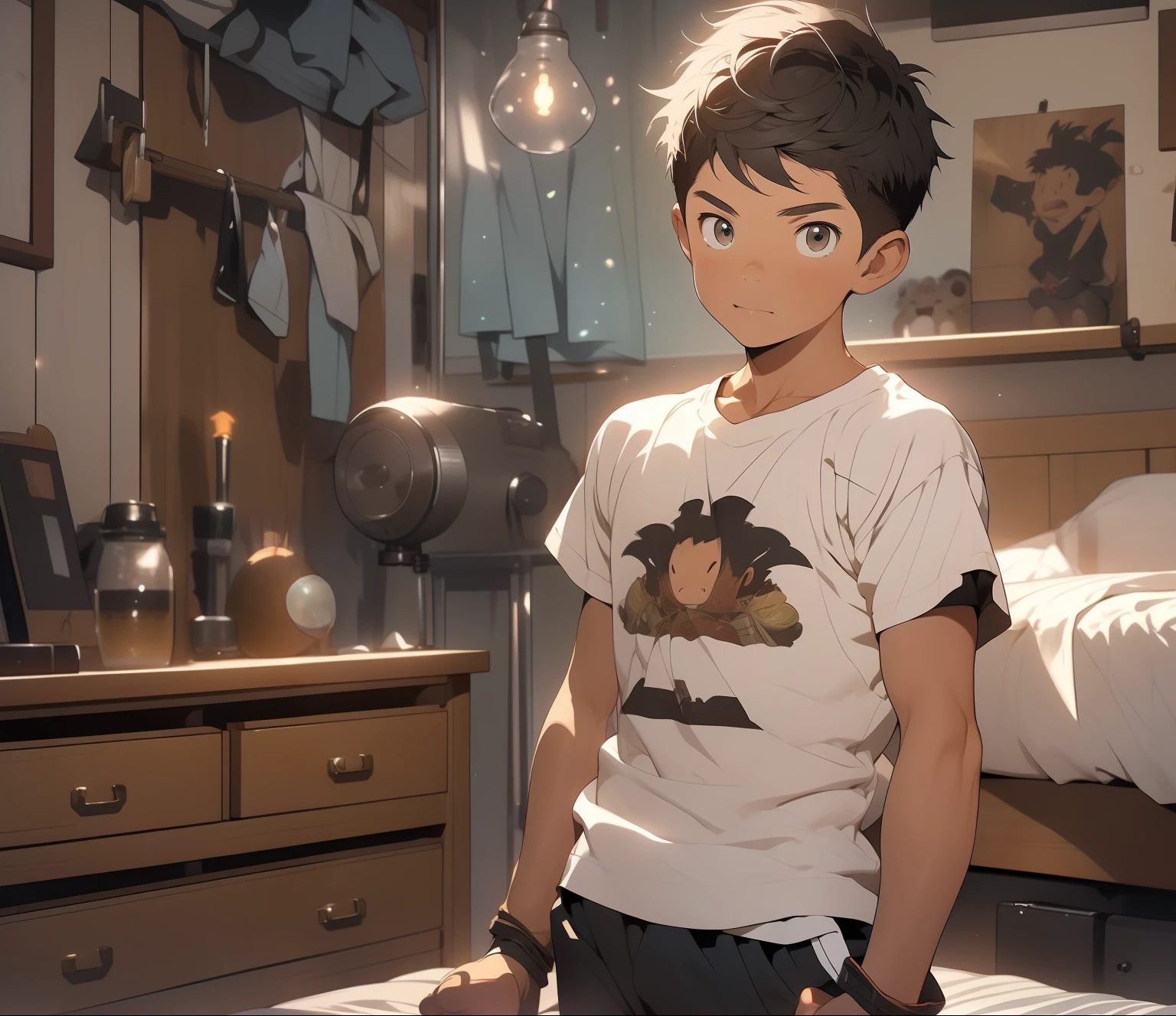 1boy，Bedrooms，white short sleeve，shorter pants，Lively and cute boy，modern apartment，8K,Cinematic lighting effects，Textured skin，best qualtiy，wide wide shot，Storytelling images，Ambient lighting，dynamic blur，actionpose，tmasterpiece，A masterpice，