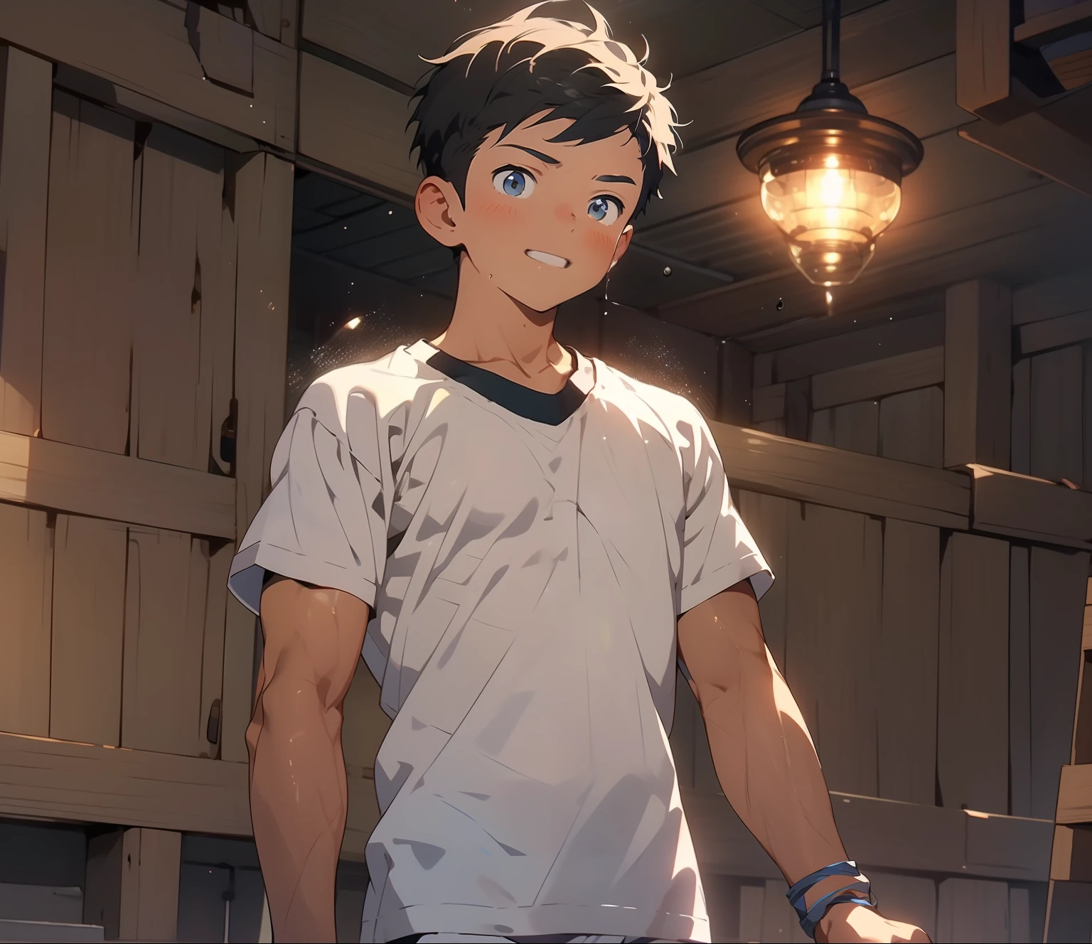 1boy，Bedrooms，white short sleeve，shorter pants，Lively and cute boy，8K,Cinematic lighting effects，Textured skin，best qualtiy，wide wide shot，Storytelling images，Ambient lighting，dynamic blur，actionpose，tmasterpiece，A masterpice，