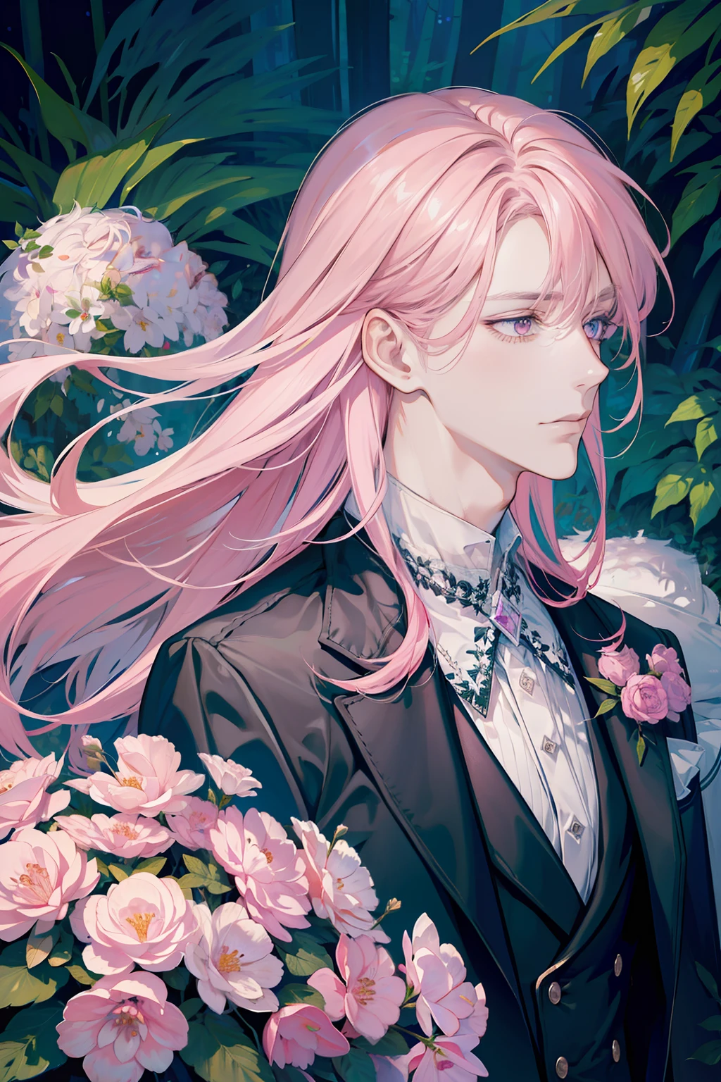 (absurdres, highres, ultra detailed), 1 male, adult, handsome, tall muscular guy, broad shoulders, finely detailed eyes, very long hair, pink hair, wavy hair, flowers, diamond, jewelry, garden, forest, portrait, (dutch angle), closed mouth
