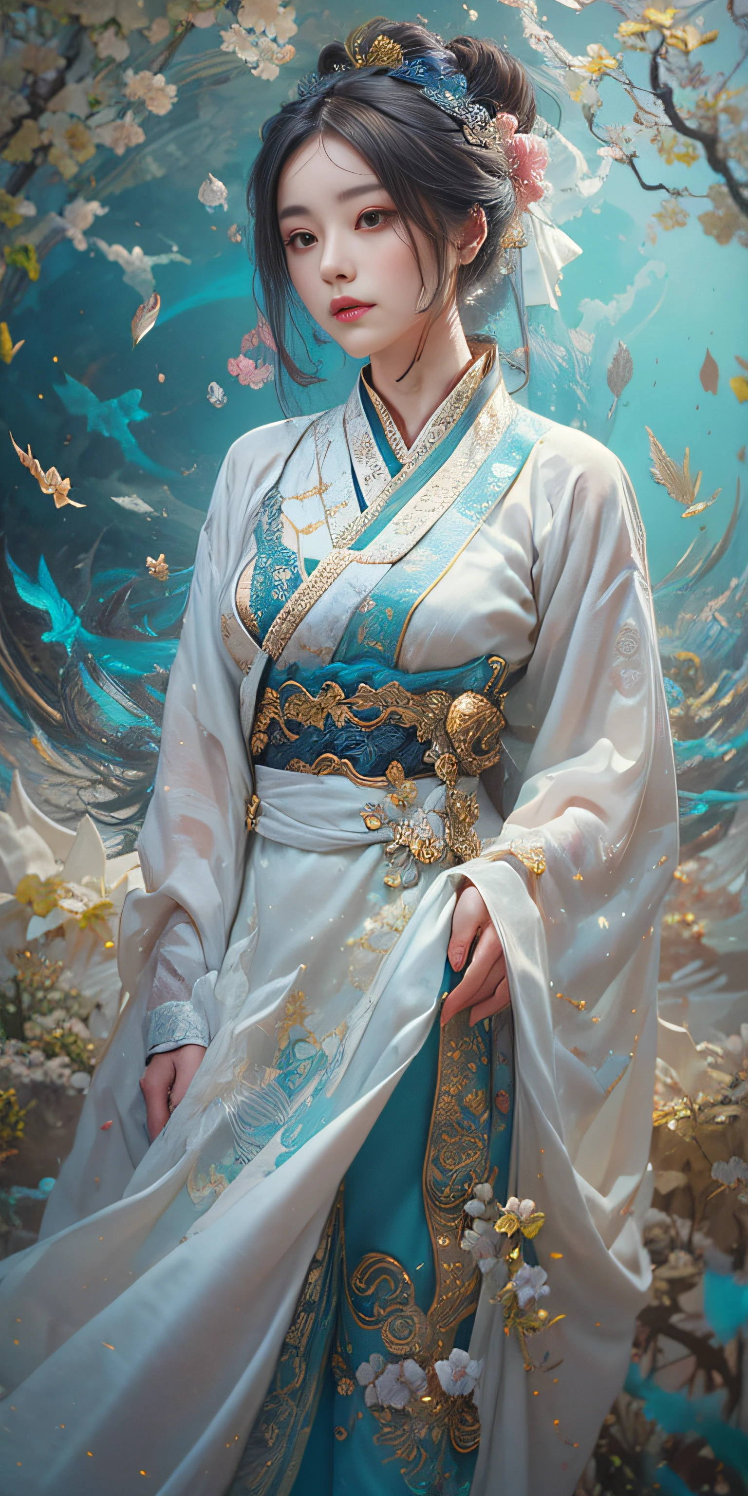 zhongfenghua, 1girl, (full body) solo, hanfu, flower field, blossom, (white smokes:1.3) (photorealistic:1.4), zentangle, mandala, entangle, official art, unity 8k wallpaper, ultra detailed, beautiful and aesthetic, masterpiece,best quality, (dynamic angle:1.4), glowing skin, (floating colorful sparkles:1) the most beautiful form of chaos, elegant, a brutalist designed, vivid colours, romanticism depth of field,