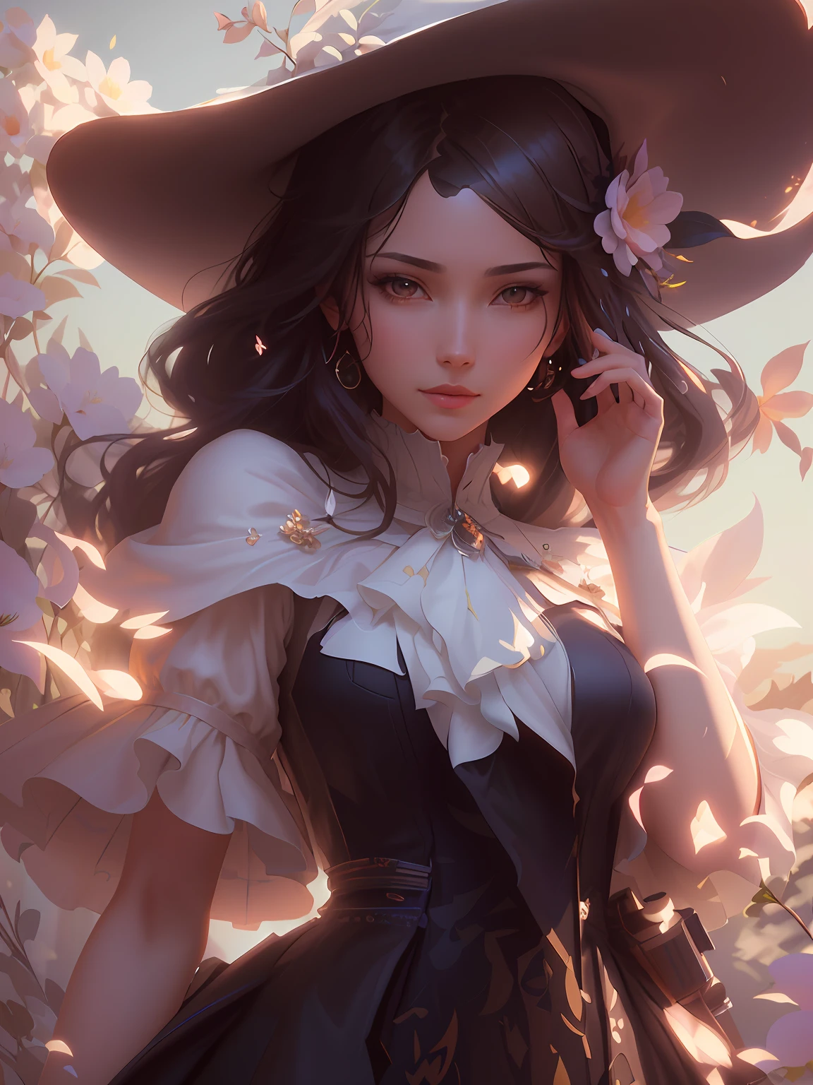 there is a woman with a hat and a dress and a flower, artwork in the style of guweiz, exquisite digital illustration, elegant digital painting, digital art of an elegant, beautiful digital illustration, stunning digital illustration, in the art style of bowater, beautiful digital artwork, inspired by Yanjun Cheng, guweiz, gorgeous digital painting, glossy digital painting,extremely high detail, 4k detailed digital art, stunning digital illustration, digital fantasy illustration,((Best quality)), ((masterpiece)), (detailed:1.4), 3D, an image of a beautiful female,HDR (High Dynamic Range),Ray Tracing,NVIDIA RTX,Super-Resolution,Unreal 5,Subsurface scattering,PBR Texturing,Post-processing,Anisotropic Filtering,Depth-of-field,Maximum clarity and sharpness,Multi-layered textures,Albedo and Specular maps,Surface shading,Accurate simulation of light-material interaction,Perfect proportions,Octane Render, Two-tone lighting,Wide aperture,Low ISO,White balance,Rule of thirds,8K RAW,