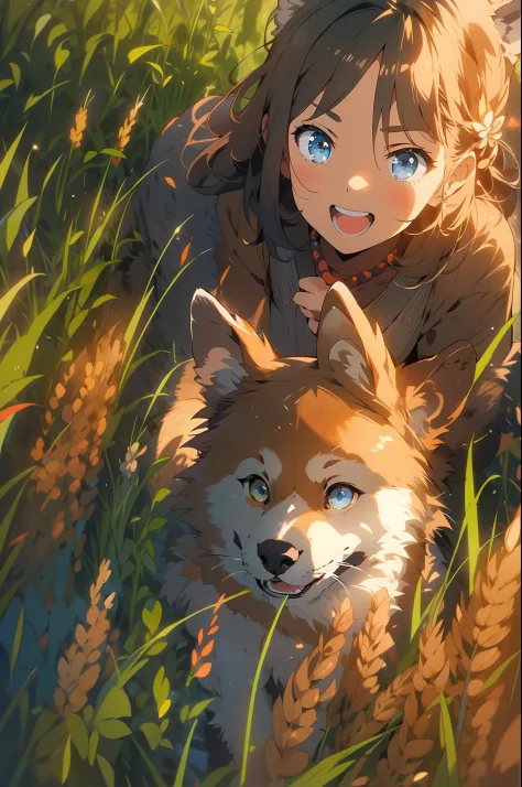 1girl，Rural fields，the setting sun，Crepuscular Rays，Shiba dog，blue color eyes，ricefield，volumettic light，Perspective composition...