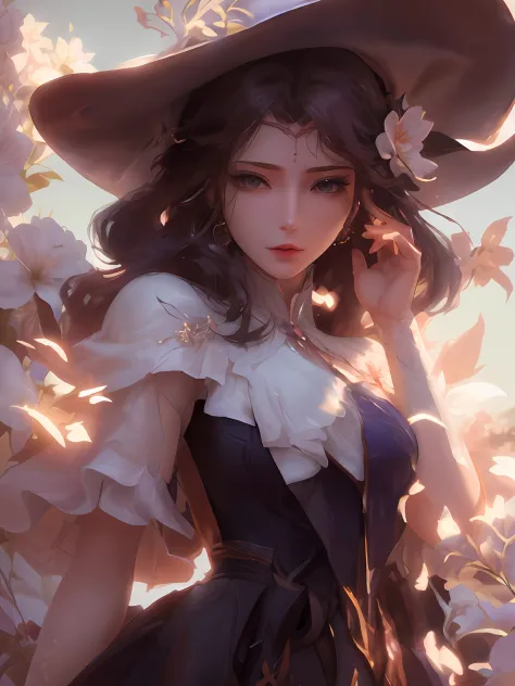 there is a woman with a hat and a dress and a flower, artwork in the style of guweiz, exquisite digital illustration, elegant di...