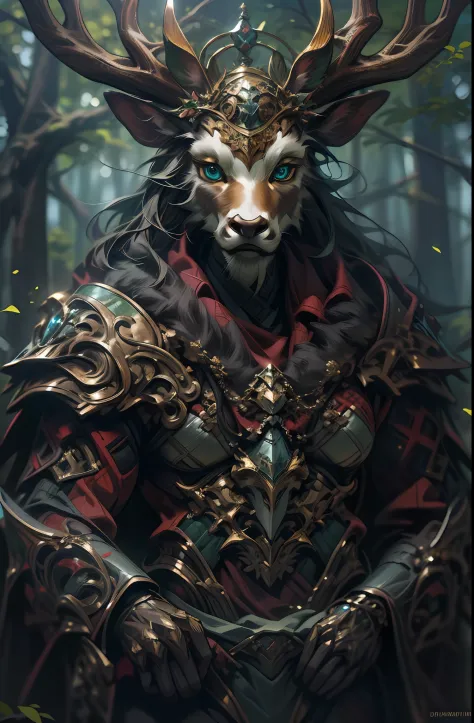 Deer warrior, Full body like，Close-up of a deer warrior holding a sword in the forest, Determined eyes，Fierce，Armour，（Strong bod...