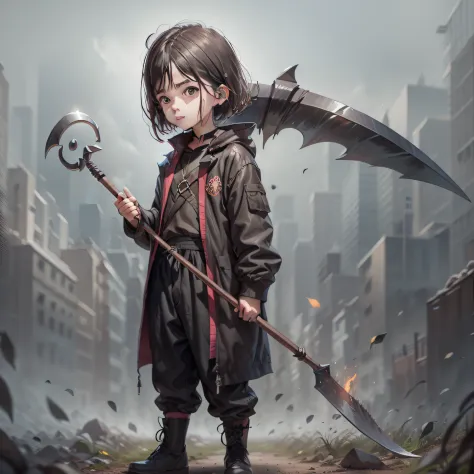 Child boy holding a large scythe