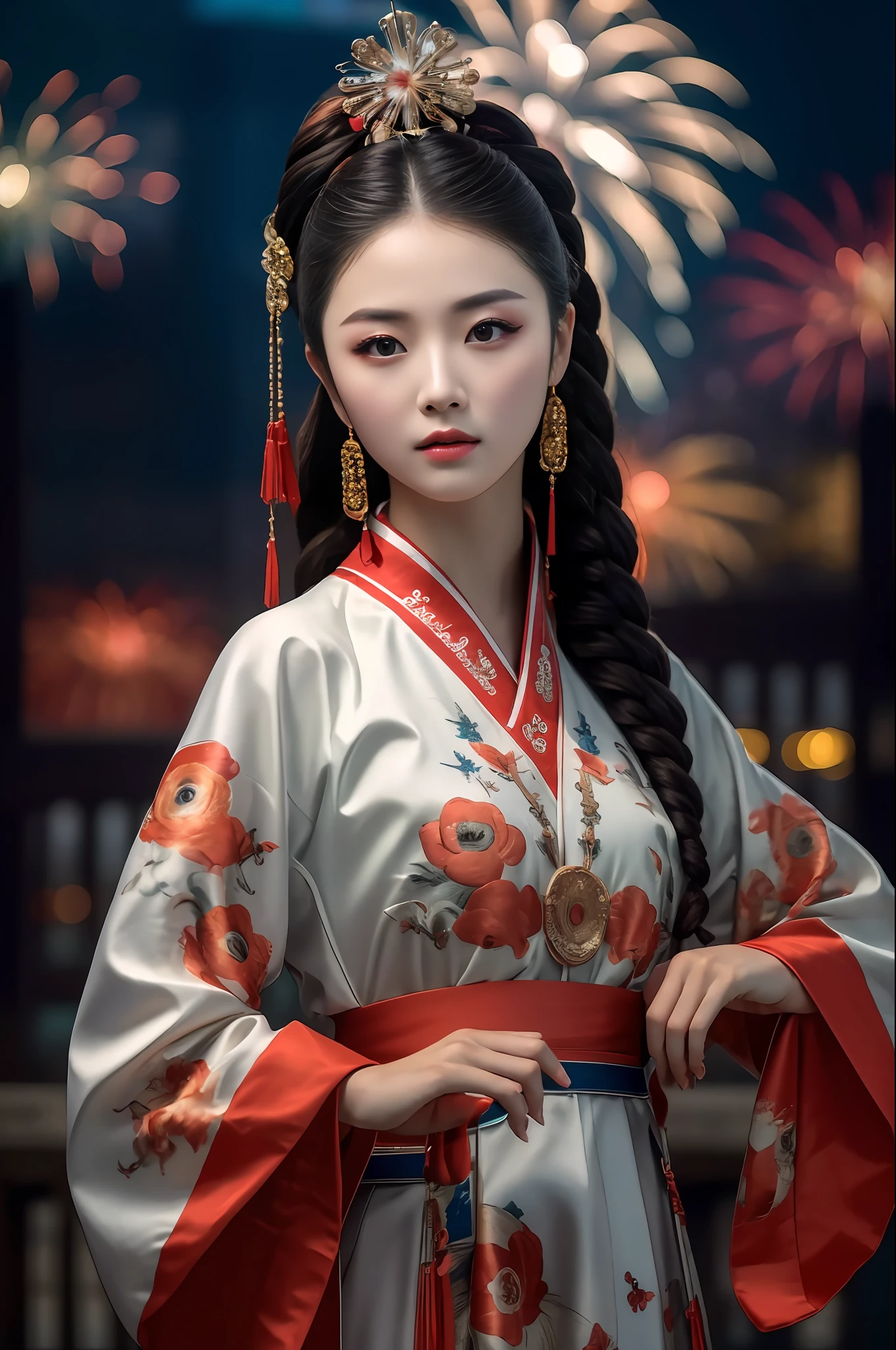 masterpiece,(best quality:1.3),ultra high res,raw photo,detailed skin,beautiful lighting,(realistic, photo-realistic:1.4),
1girl,guofeng,full body,(Fireworks background:1.2),Professional stage light,