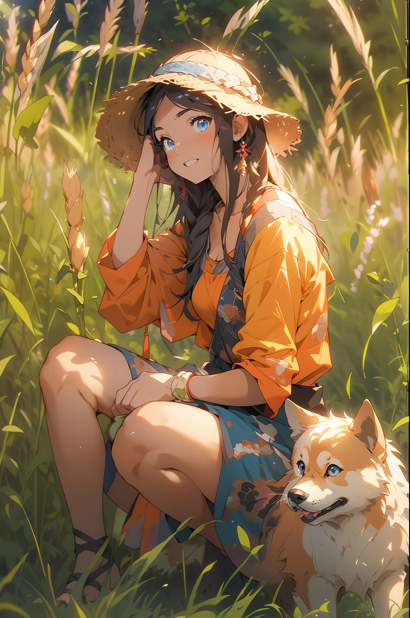 1girll，Rural fields，the setting sun，Crepuscular Rays，Shiba dog，blue color eyes，ricefield，volumettic light，Perspective composition，Wheat，Lively and cute girl，8K,Cinematic lighting effects，Textured skin，best qualtiy，Storytelling images，Ambient lighting，dynamic blur，actionpose，tmasterpiece，A masterpice，