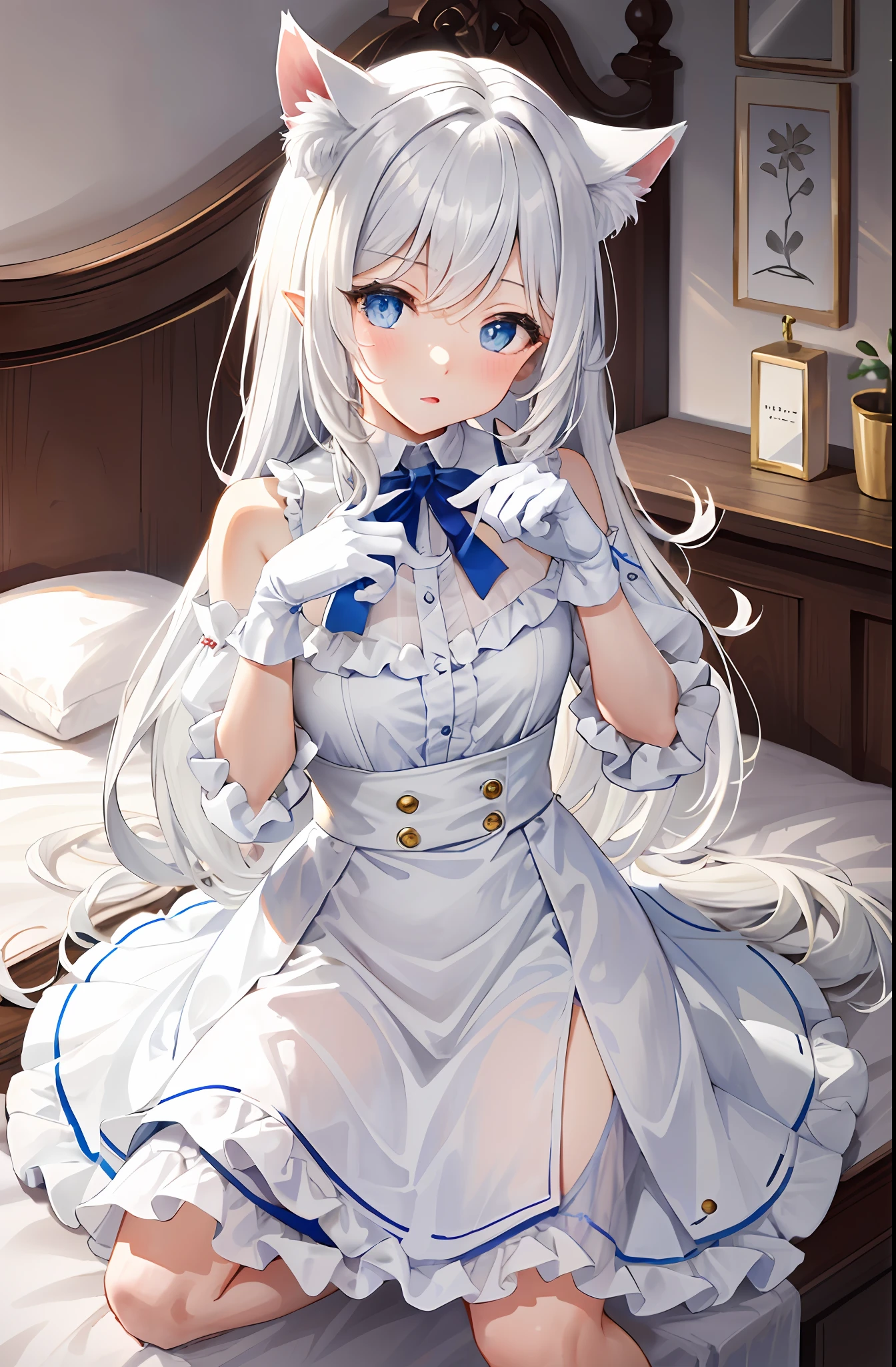 Lazy wind，wide blue eyes，White hair，Dull hair，Beast-eared maiden，White tones，sitted，1girll，Solo，adolable，white dresses，Big hazy eyes，Facial details are exquisite，Beth，onbed，Impeccable，Cute pose，Cartoon cute cat's paw gloves