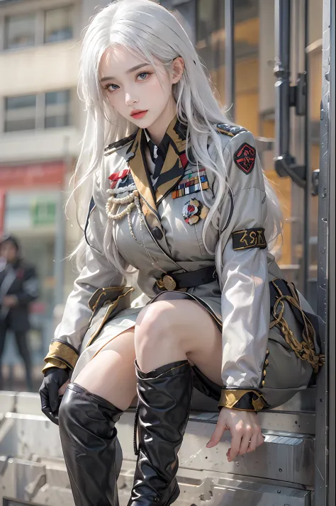 photorealistic, high resolution, 1 woman, hips up, beautiful eyes, white hair, long hair, ringed eyes, military uniform