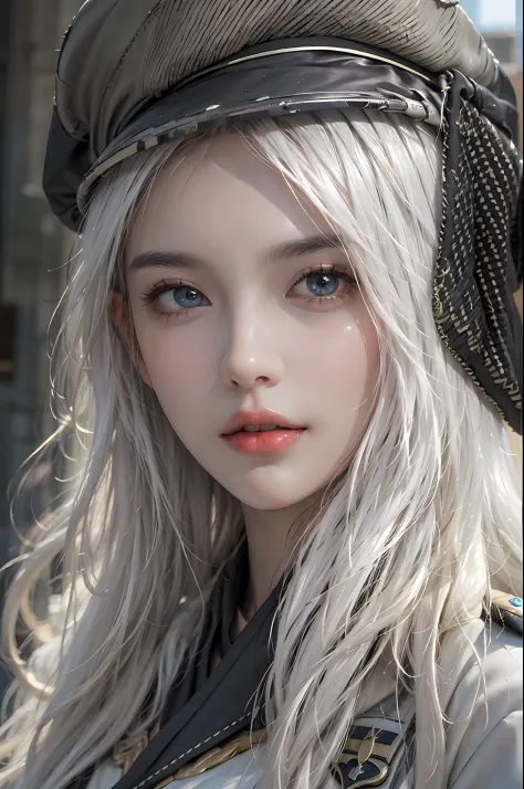 photorealistic, high resolution, 1 woman, hips up, beautiful eyes, white hair, long hair, ringed eyes, military uniform