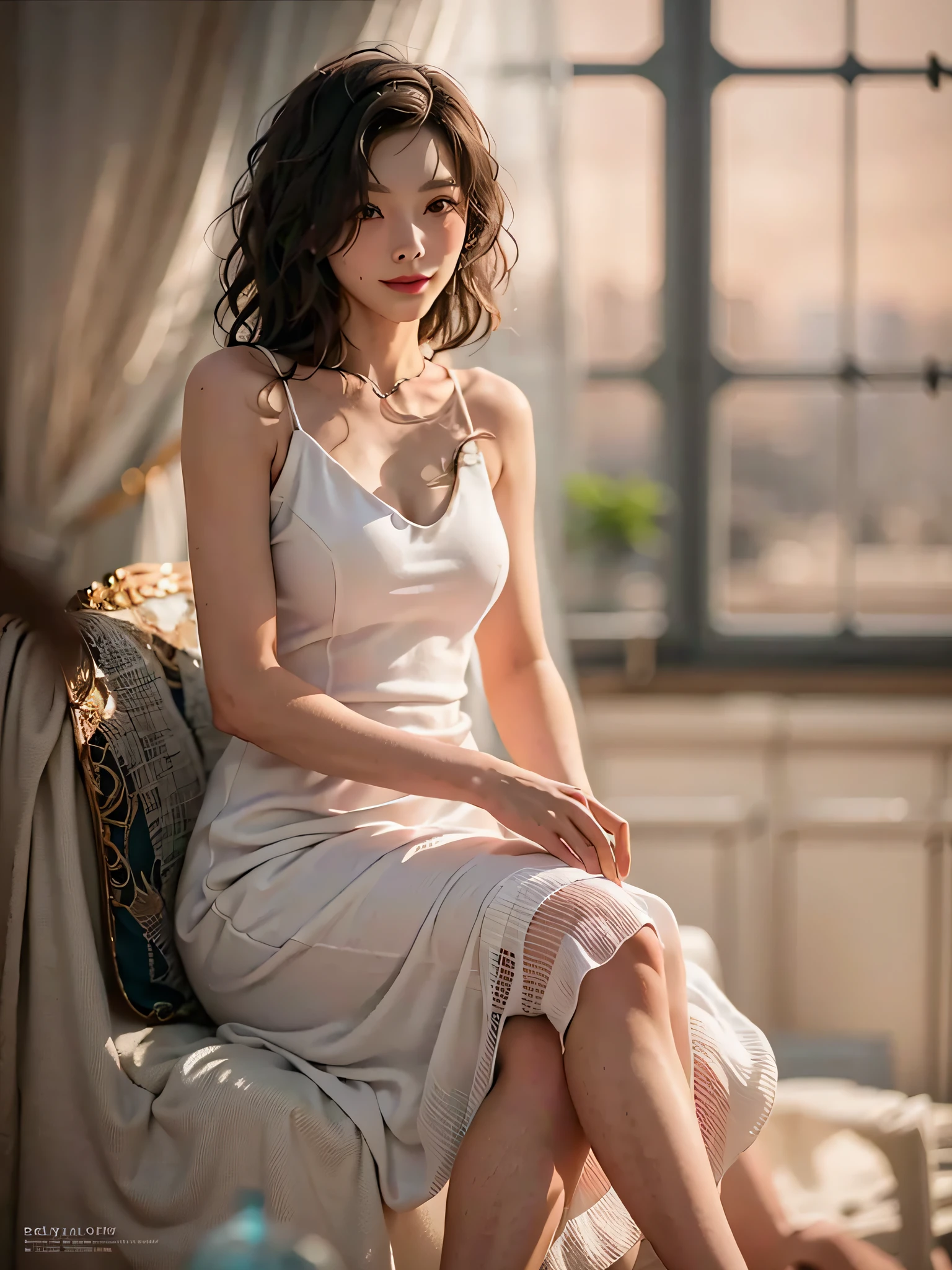 film photography, 1girl, white camisole dress, high heels, seductive smile, medium breast, full body, drunk blush:1.5, black wavy shoulder-length hair, serene, calm, (realistic detailed eyes, natural skin texture, realistic face details), soft dramatic lighting, depth of field, bokeh, vibrant details, finely detailed, hyperrealistic