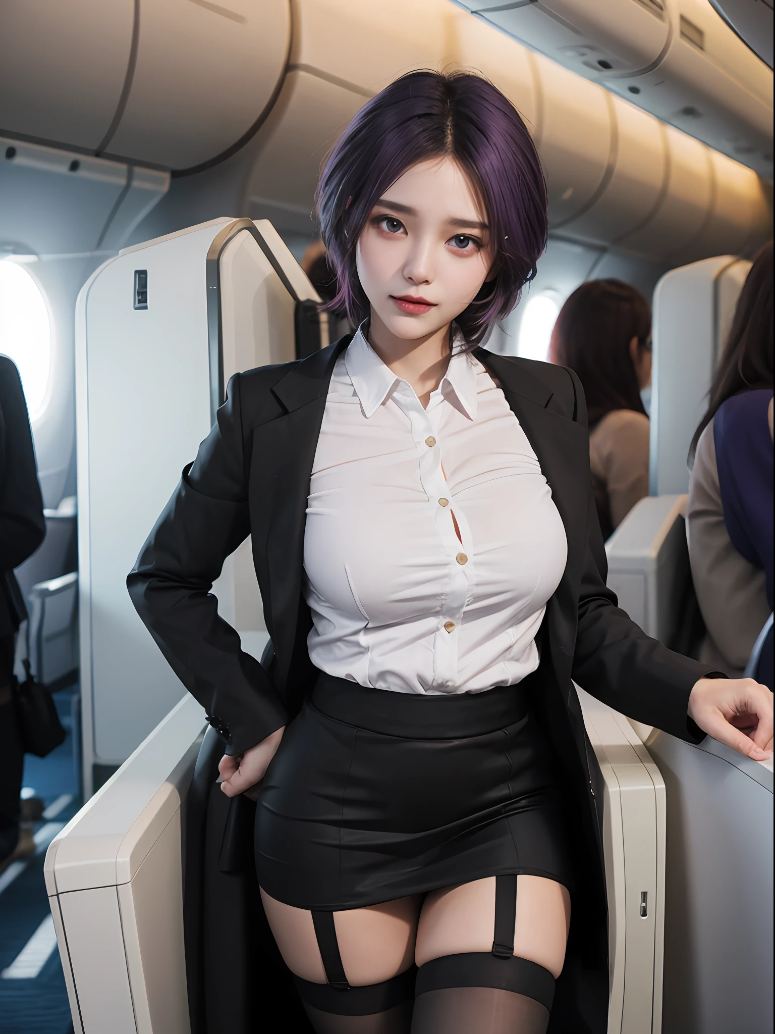 (Best quality: 1.1), (Realistic: 1.1), (Photography: 1.1), (highly details: 1.1), (1womanl), Airline flight attendants,Red coat,White shirt,Short skirt,black lence stockings,bent down,In the plane,KafkaHKS,Hong Kong,Purple eyes, Purple hair, eyewear on head, sunglasses,Large breasts,