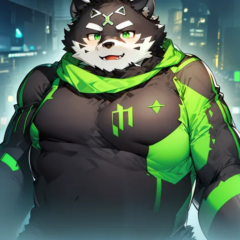 furry，black panther，fluorescent green pattern，green pupills