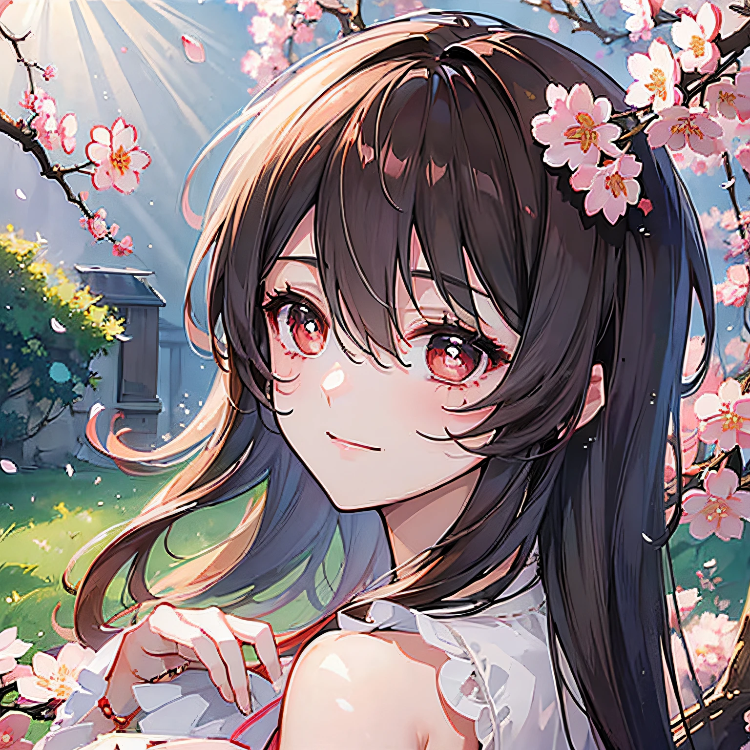 (Qualité supérieure, chef-d&#39;œuvre, Ultra réaliste), cerisiers en fleurs en arrière-plan, Portrait magnifique et délicat d&#39;une jolie fille espiègle