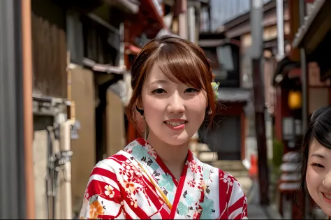 two women in kimonos are standing in a narrow alley, wearing a colorful yukata, portrait of a japanese girl, a japanese lady, we...