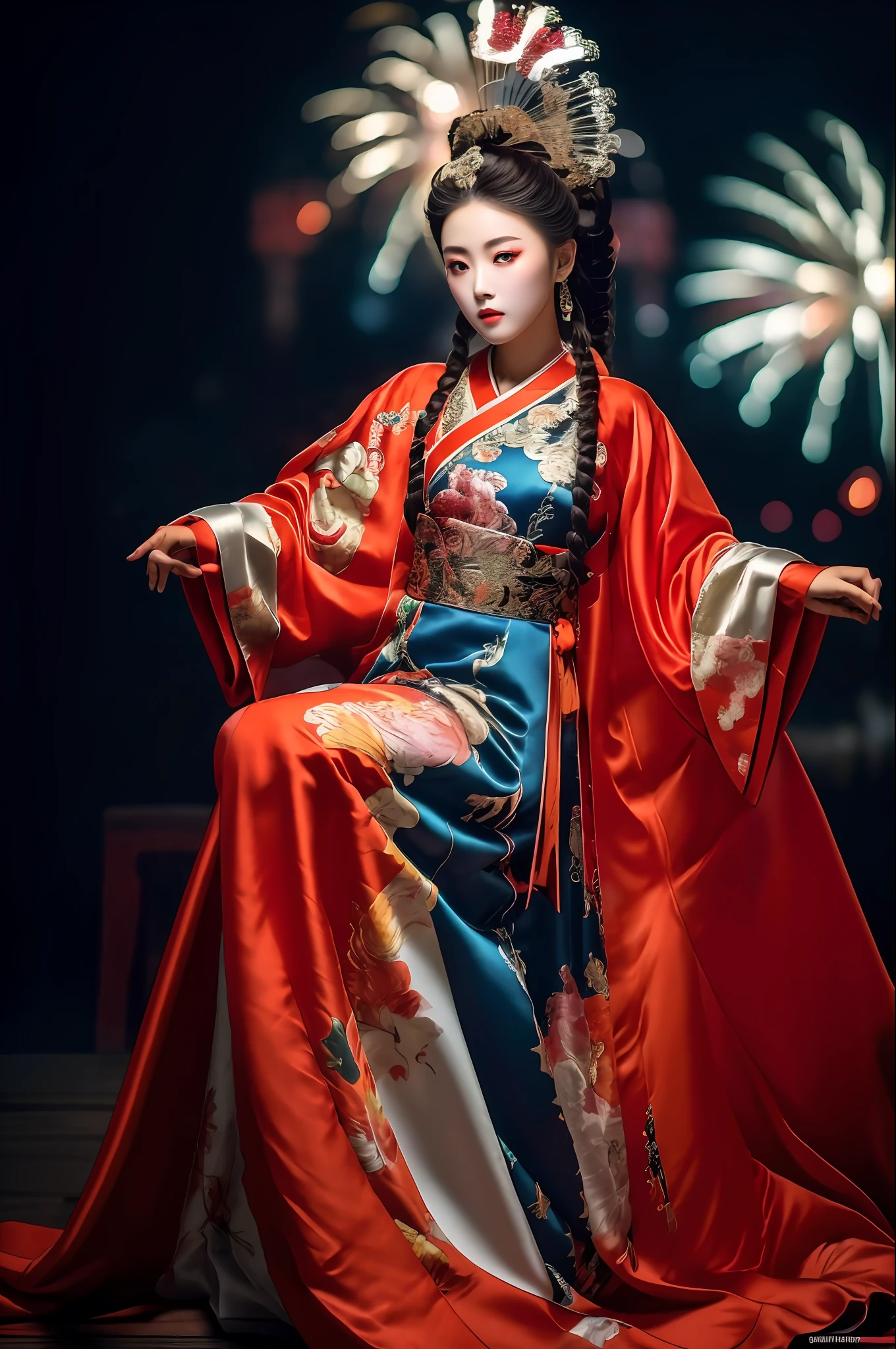 masterpiece,(best quality:1.3),ultra high res,raw photo,detailed skin,beautiful lighting,(realistic, photo-realistic:1.4),
1girl,guofeng,full body,(Fireworks background:1.2),Professional stage light,