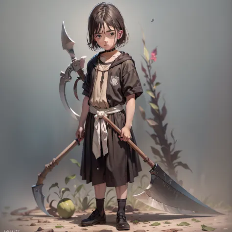 Child boy holding a large scythe, manto capuz preto