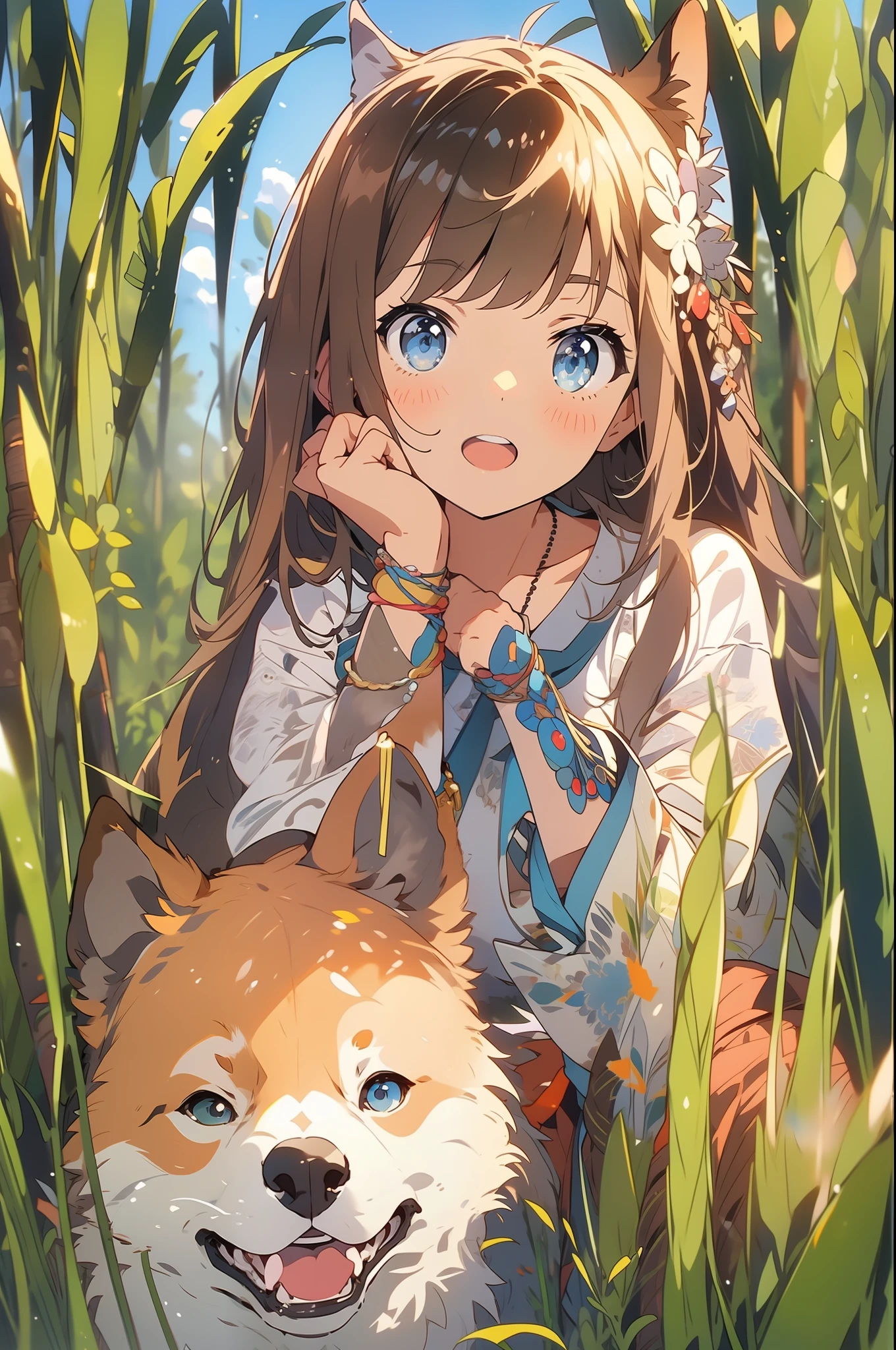 1girll，Rural fields，the setting sun，Crepuscular Rays，Shiba dog，blue color eyes，ricefield，volumettic light，Perspective composition，Wheat，Lively and cute girl，8K,Cinematic lighting effects，Textured skin，best qualtiy，Storytelling images，Ambient lighting，dynamic blur，actionpose，tmasterpiece，A masterpice，