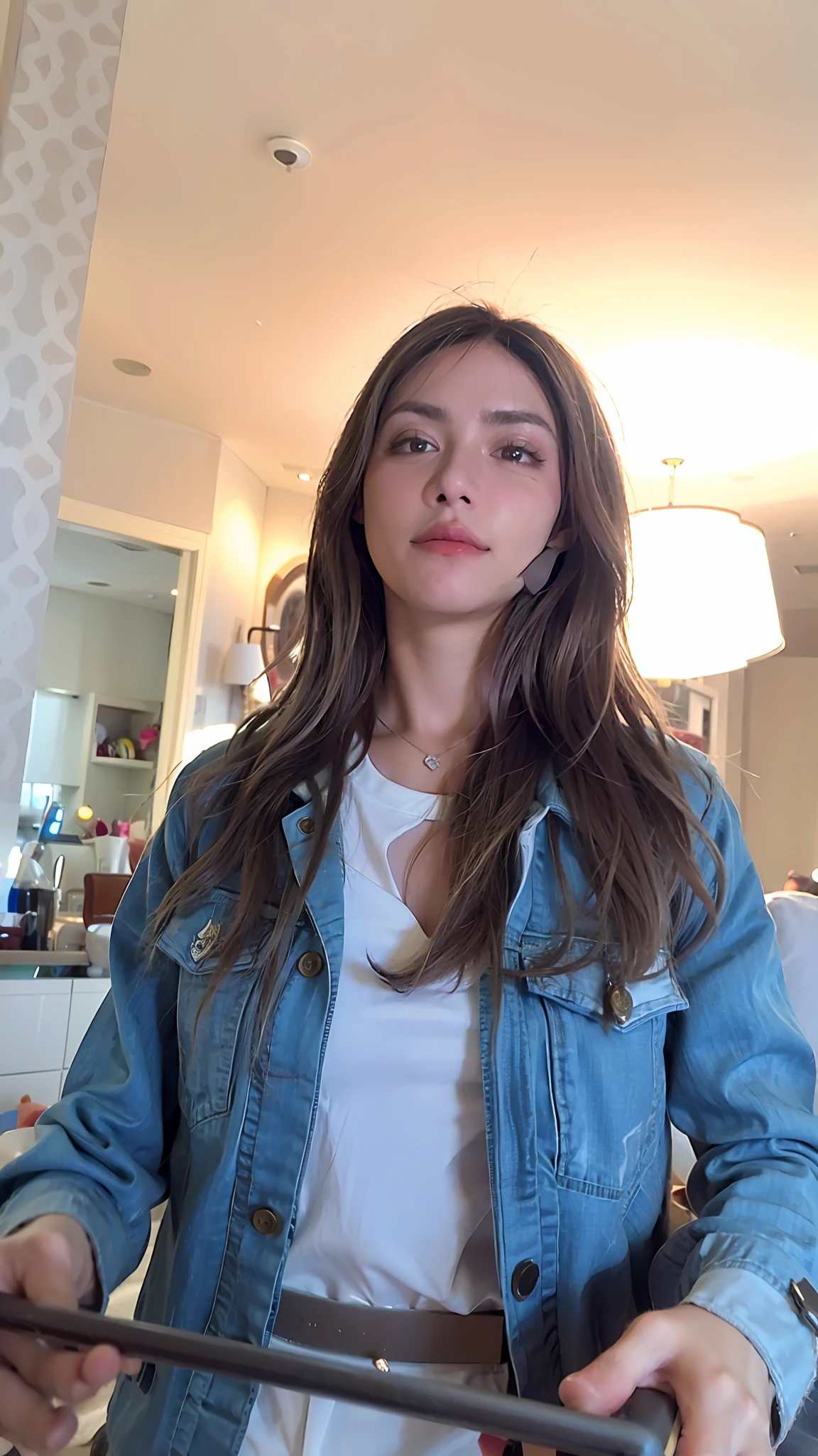 mulher arafed em uma jaqueta jeans segurando um computador tablet, ela tem cerca de 1 6 anos de idade, she's facing the camera, imagem de qualidade muito baixa, 1 6 anos, menina jovem e bonito, Violeta Myers, wearing jacket, low quality video, Fotografia selfie 8k, 18 anos, jovem e bonito, staring directly at camera