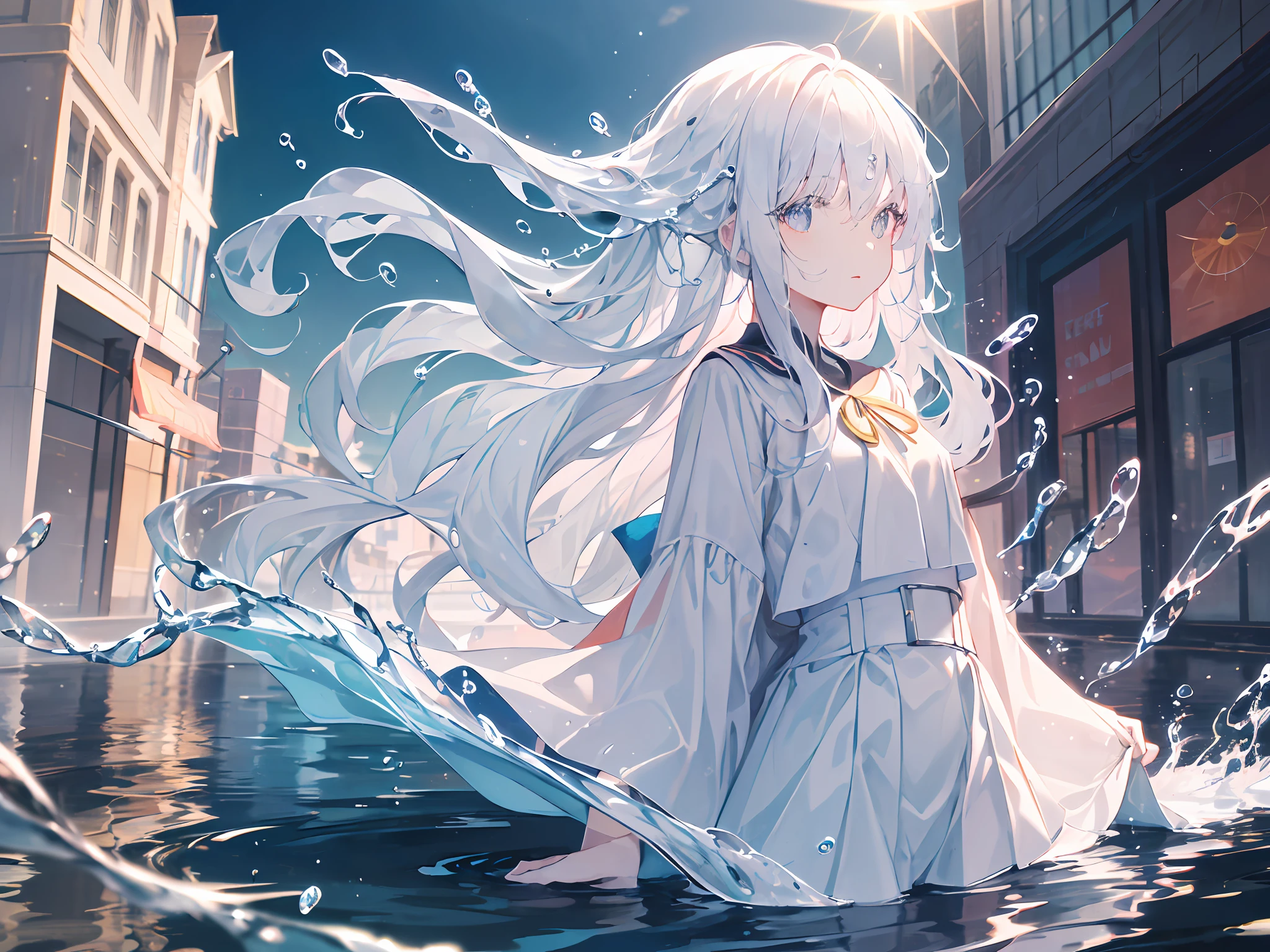 (Background), masterpiece, best quality,Illustration, Wallpaper, ultra detail, absurdres, 1girl, solo, (liquid hair:1.2), beautiful detailed eyes,
bangs, cowboy shot, long hair, magical girl, white hair, waves,  water,  water drop, looking to the side, wading, 
(street:1.5),  sun, cloudy sky,