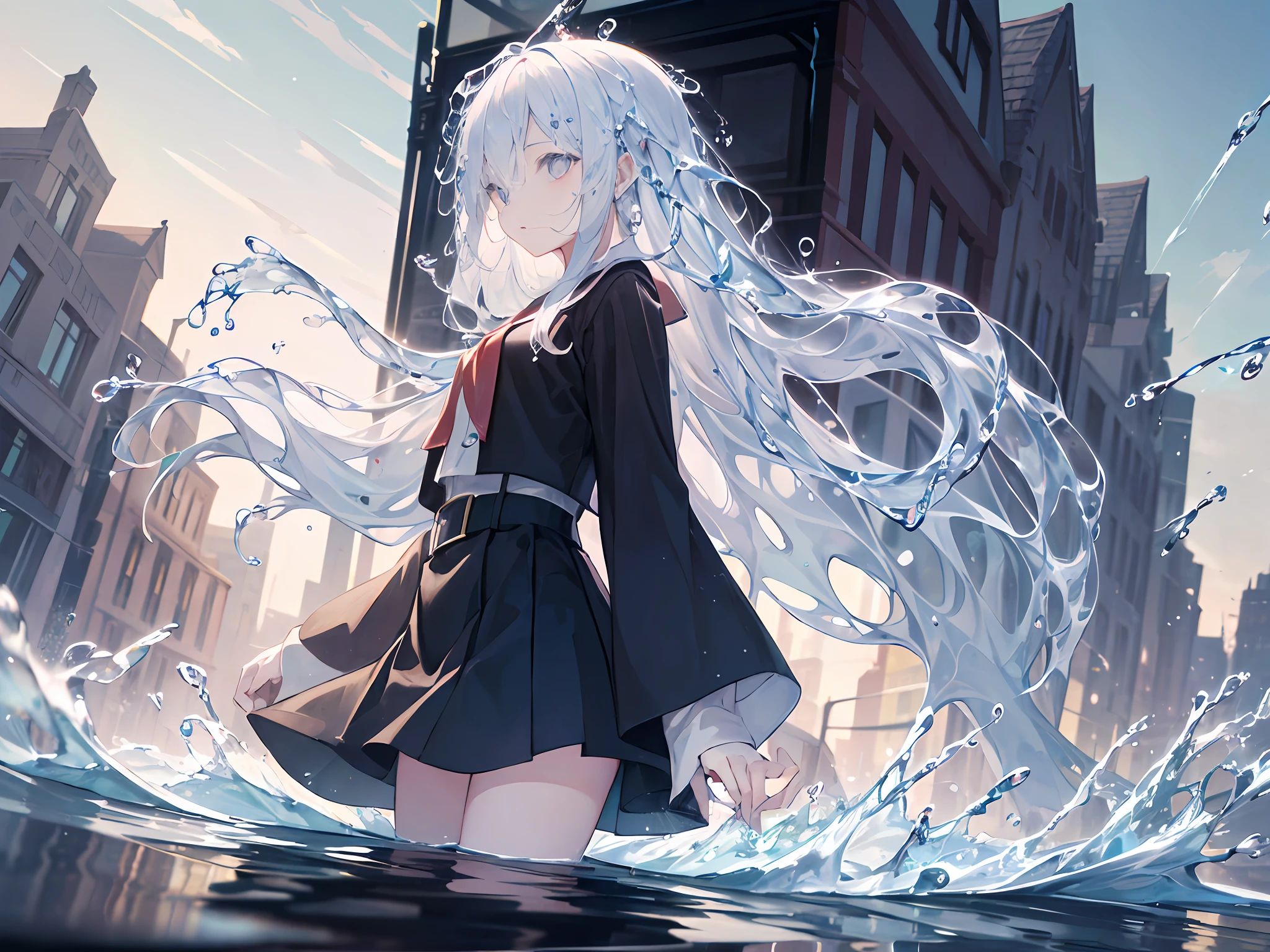 (Background), masterpiece, best quality,Illustration, Wallpaper, ultra detail, absurdres, 1girl, solo, (liquid hair:1.2), beautiful detailed eyes,
bangs, cowboy shot, long hair, magical girl, white hair, waves,  water,  water drop, looking to the side, wading, 
(street:1.5),  sun, cloudy sky,