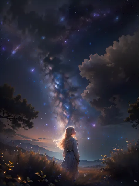(masterpiece, high resolution, realistic image:1.4), (a mesmerizing view of the night sky filled with stars:1.3), (the Milky Way prominently displayed, adding to the celestial beauty:1.2), (a serene atmosphere with a hint of mystery:1.2), (a young, unsuspe...